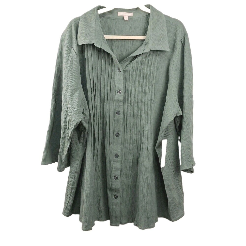 Coastal Boho Pintuck Gauze Shirt Woman Within Green Plus Size 2X 26/28 NWT